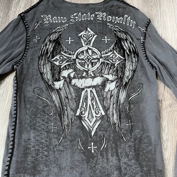 Raw State Royalty Long Sleeve Waffle Thermal Thick Stitch Y2K Cross Wings xxl - Picture 8 of 8